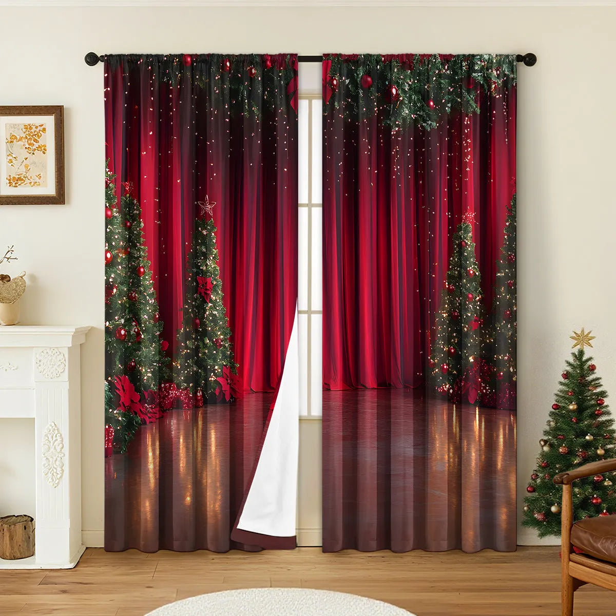 A pair of 3D digitally printed Christmas curtains with a festive European pattern hung on a window.