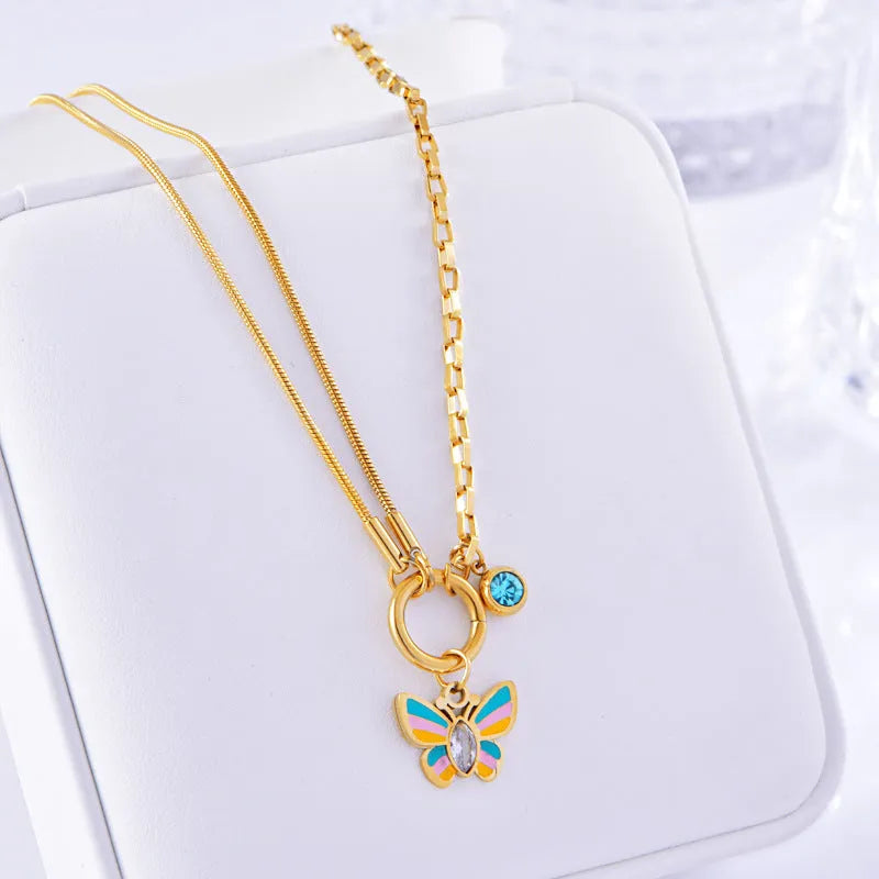 Gold titanium steel butterfly necklace and bracelet set with snake bones chain