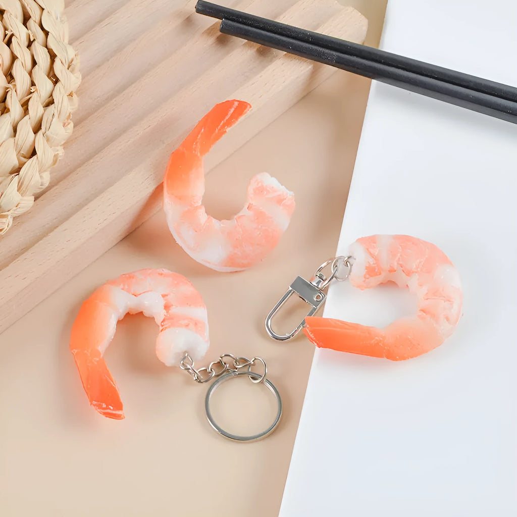 Simulation seafood shrimp keychain with detailed design and 1.5cm thickness made from PVC plastic