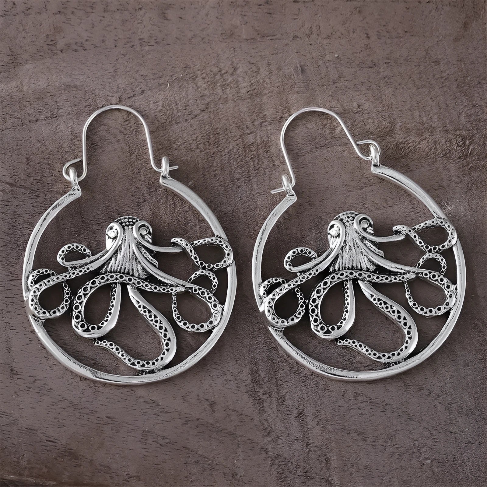 Antique silver octopus earrings with detailed animal zodiac design on zinc alloy