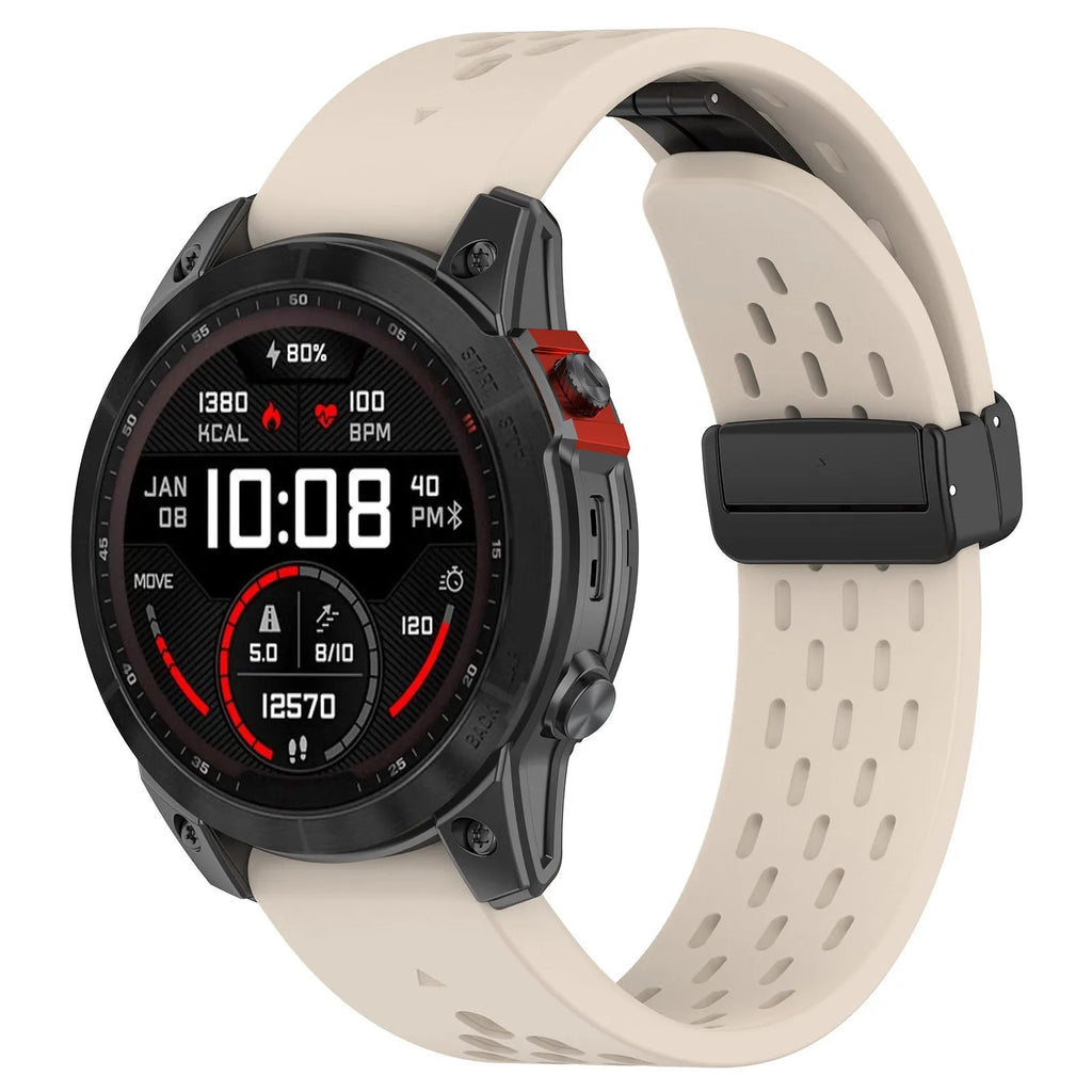 Garmin Fenix quick release silicone watch strap in multiple colours on a grey background.