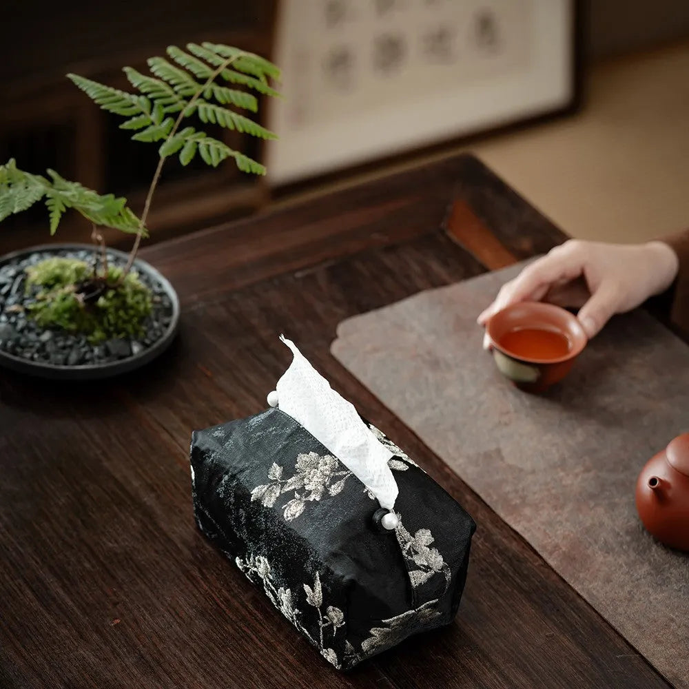 New Chinese style white plum embroidered fabric tissue box, shown with and without a pearl buckle.