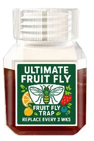 Clear plastic bottle of fruit fly trapper bait liquid with labelling showing specifications