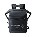 Black 25-litre waterproof outdoor backpack with mesh clips for rafting and swimming.