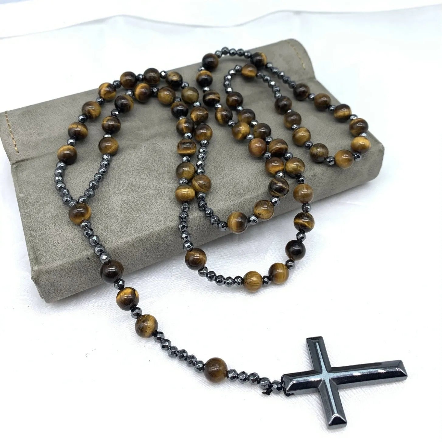 Men's stone cross pendant necklace on an 80cm ball bead chain with safety lock clasp
