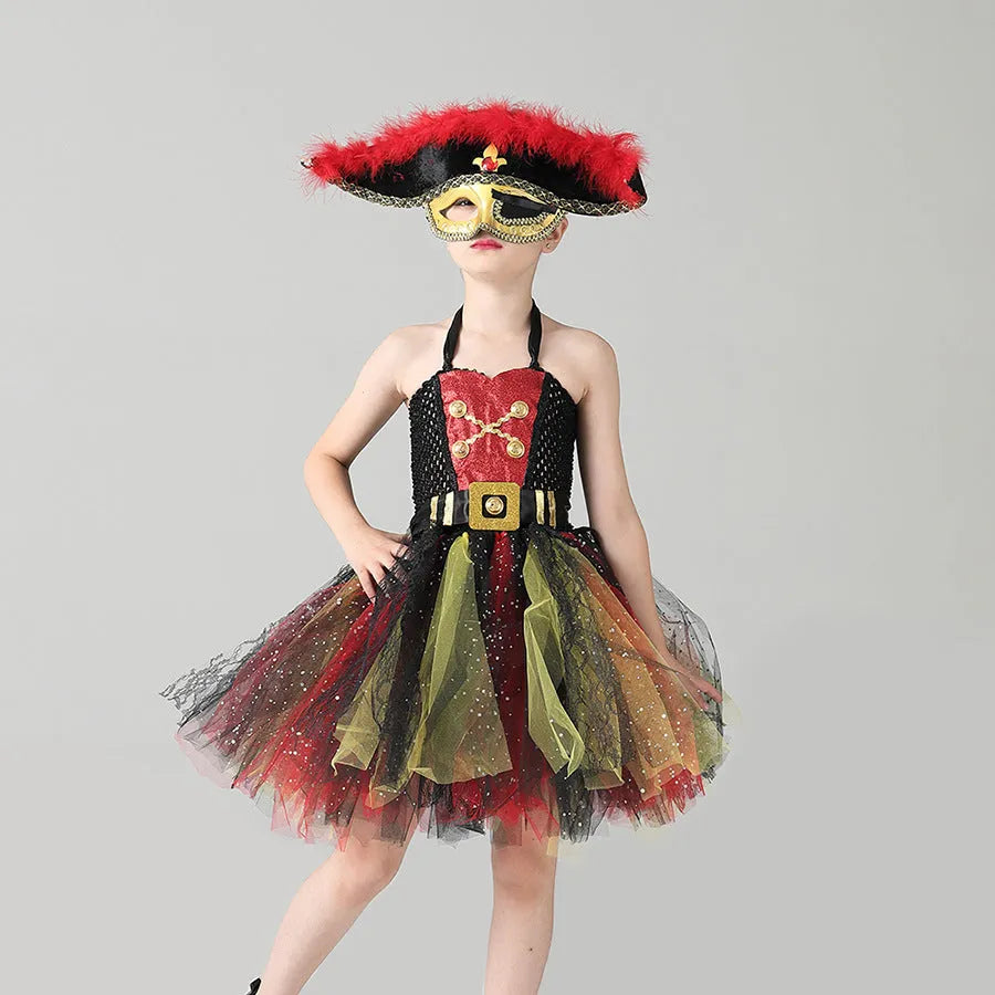Halloween pirate costume dress for girls with sequins, gauze mesh, and lace trim, Pirates of the Caribbean themed.
