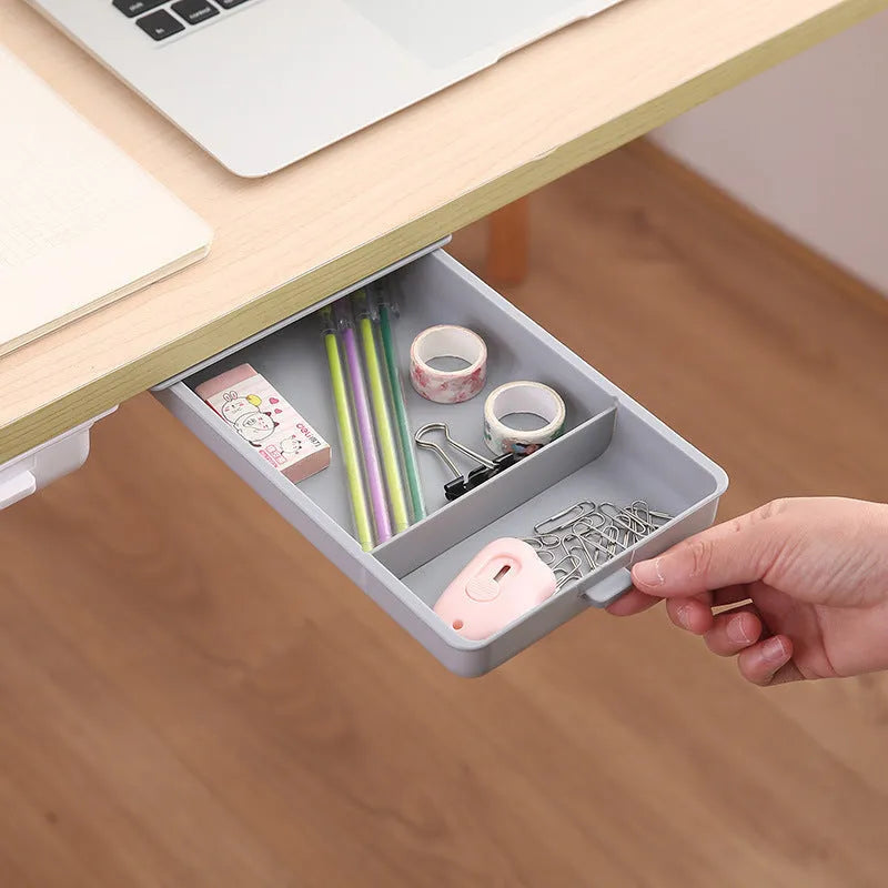 Plastic storage box with grid cover for adhesive mounting under tables