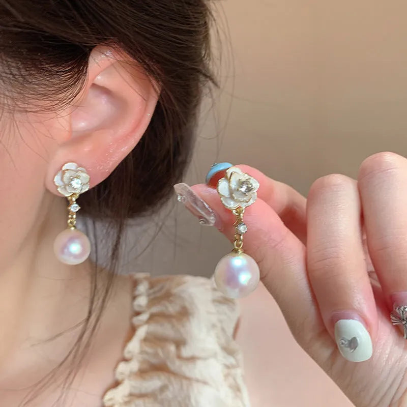 Camellia flower stud earrings for women with detailed floral design and alloy construction