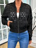 Black women's casual jacket with geometric pattern and semi-transparent thread zipper.