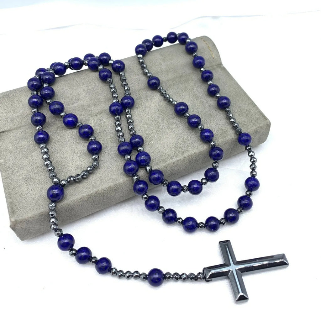Men's stone cross pendant necklace on an 80cm ball bead chain with safety lock clasp