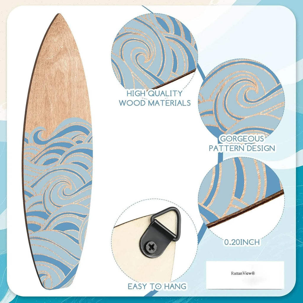 Three wooden surfboard wall decorations with European coastal design carved from boxwood