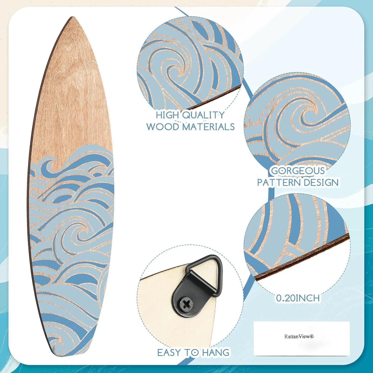 Three wooden surfboard wall decorations with European coastal design carved from boxwood