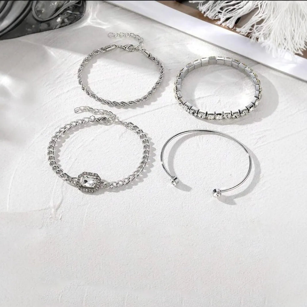 Retro style four-piece alloy bracelet set with geometric square diamond design in gold or silver finish