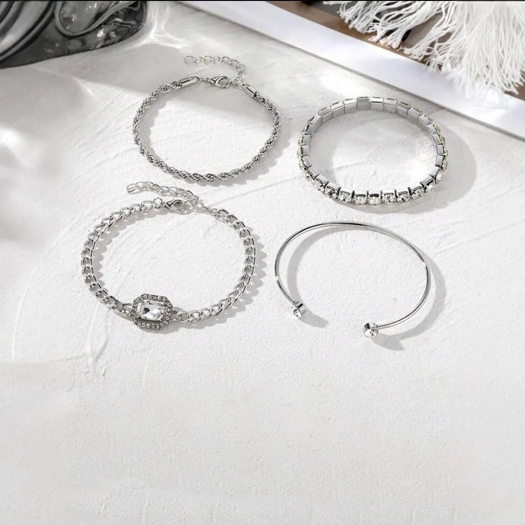 Retro style four-piece alloy bracelet set with geometric square diamond design in gold or silver finish