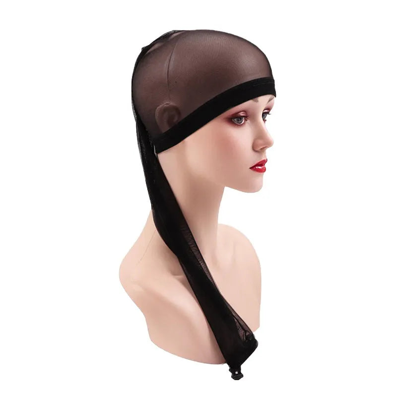 Breathable black mesh wig cap with elastic spandex material shown stretched.