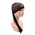Breathable black mesh wig cap with elastic spandex material shown stretched.