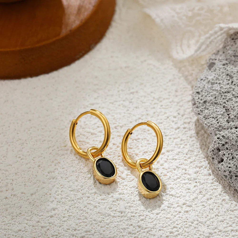 Women's retro simple oval zircon earrings in copper with six colour options displayed