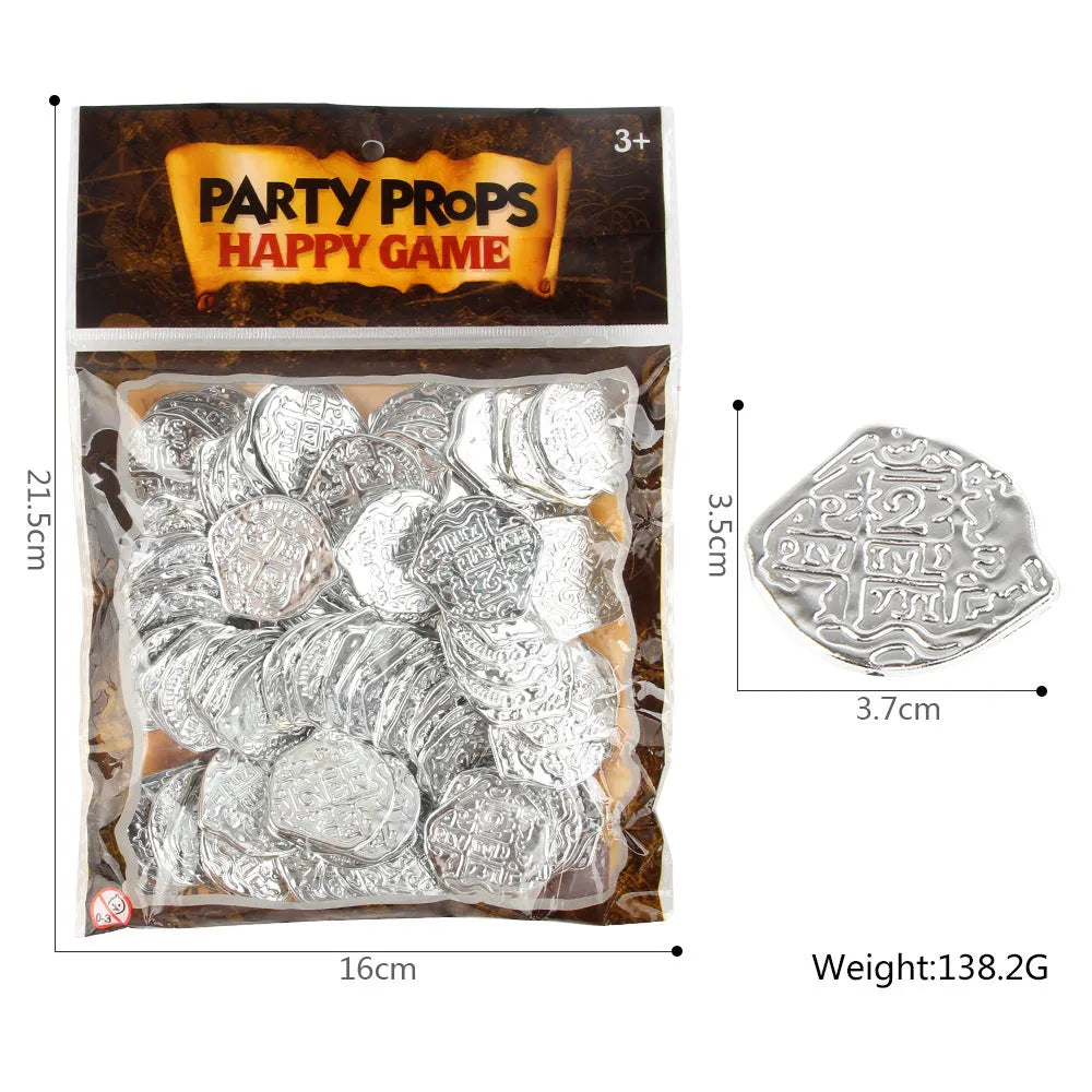 Set of 100 plastic Roman pirate coins with bronze, gold, or silver electroplated finish