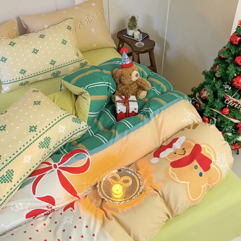 Super soft washed cotton cartoon printed bedding four-piece set on a bed, showing Gingerbread Man design.
