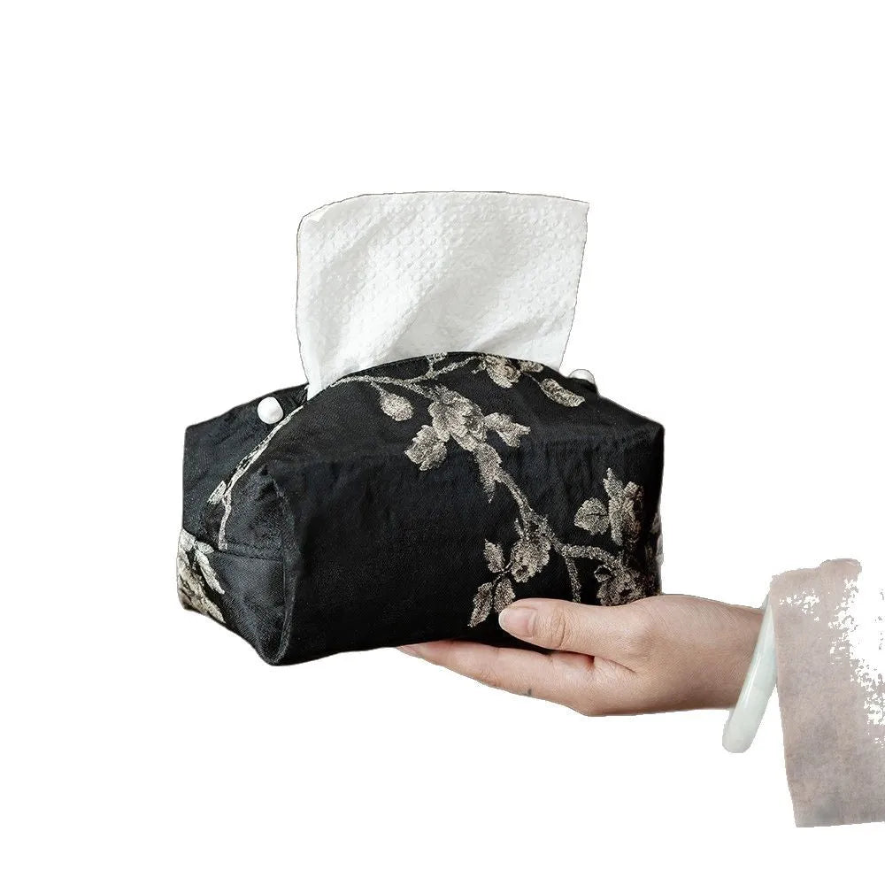 New Chinese style white plum embroidered fabric tissue box, shown with and without a pearl buckle.