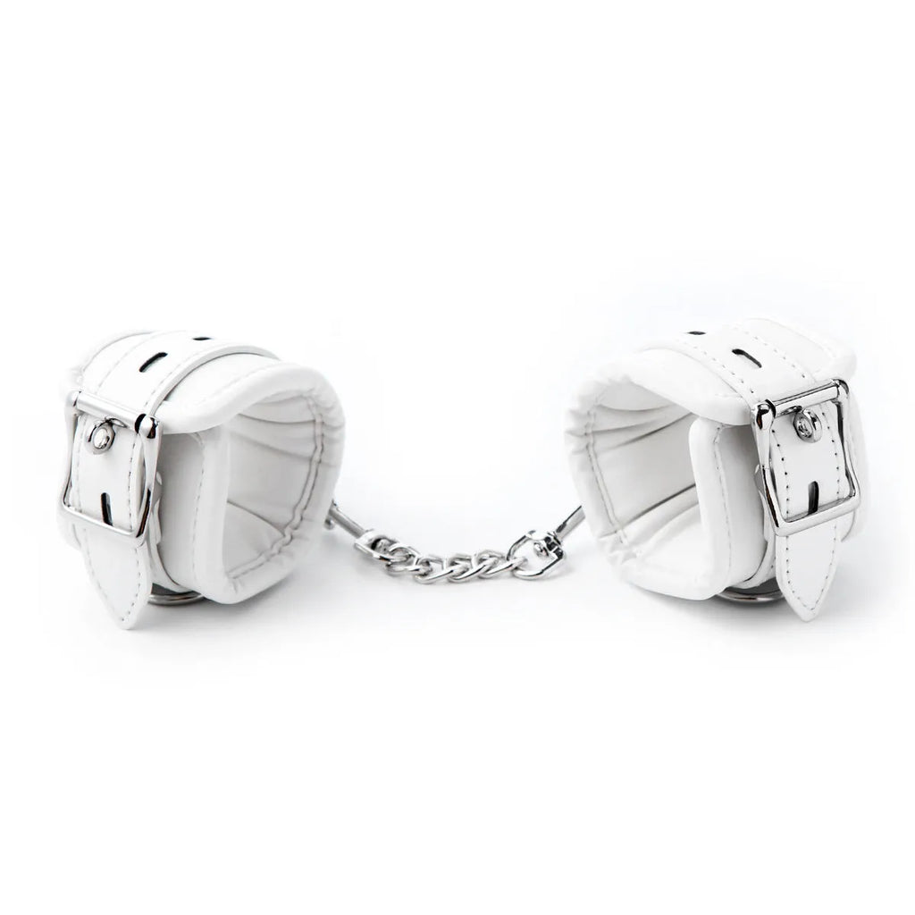 White PU sponge bondage restraint set including handcuffs, foot cuffs, and neck scarf