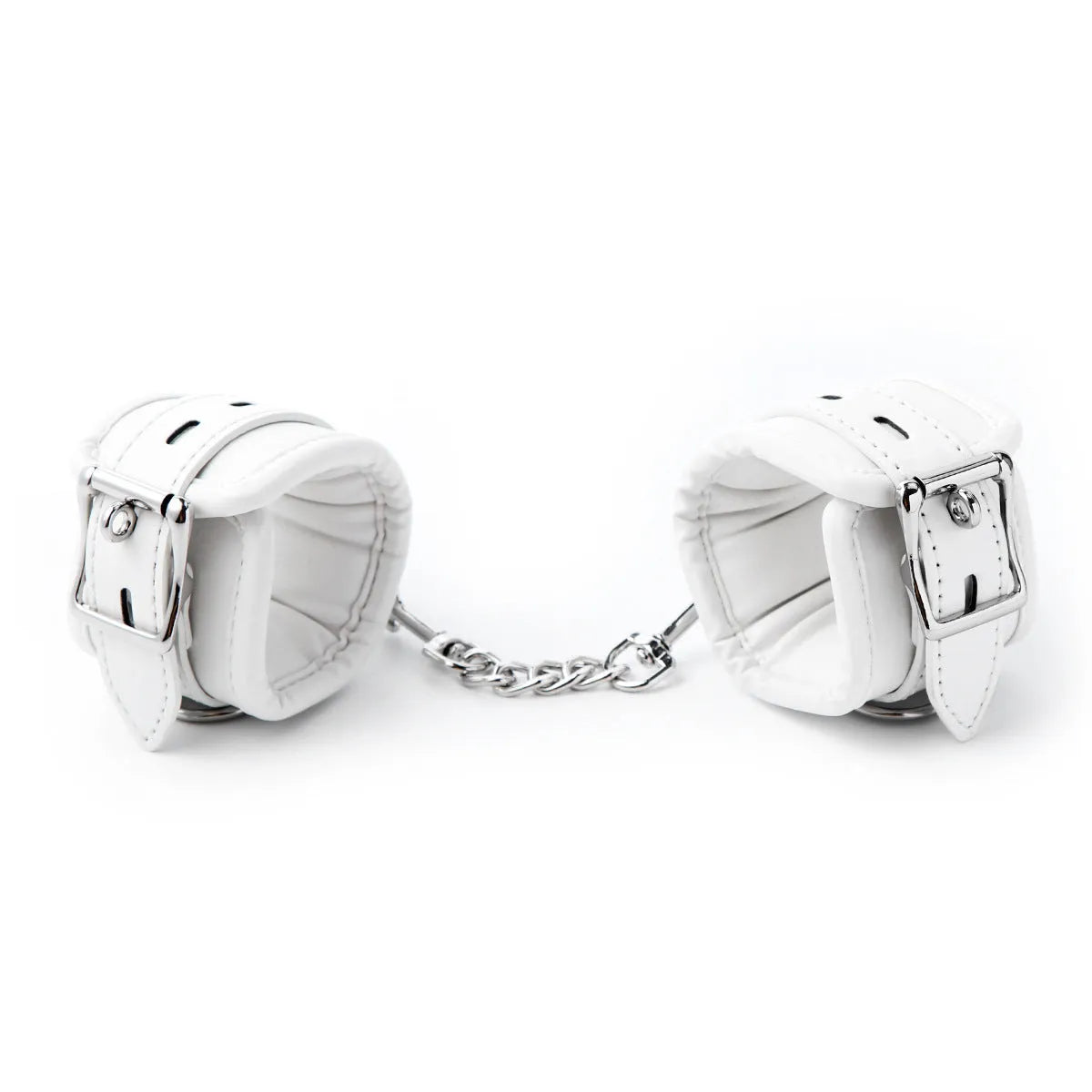 White PU sponge bondage restraint set including handcuffs, foot cuffs, and neck scarf