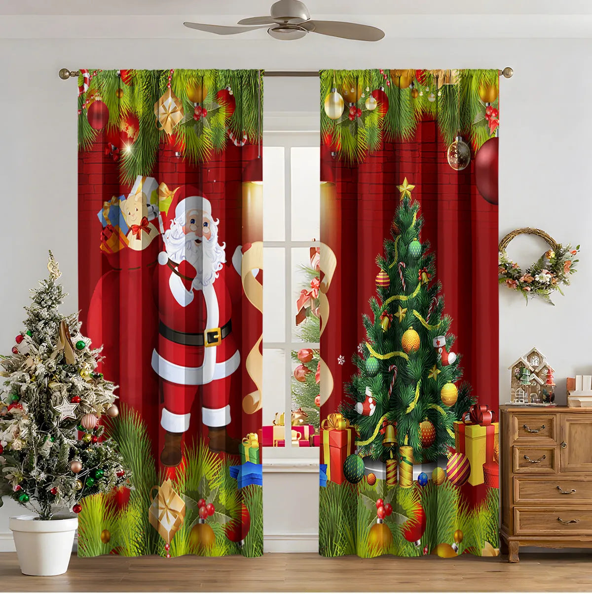3D digitally printed Christmas curtain panel showing a modern European festive design, made from polyester fabric.