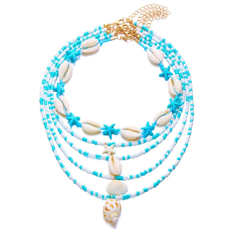 Five multi-layer women's necklaces with starfish shell conch bead designs in blue and mixed colours