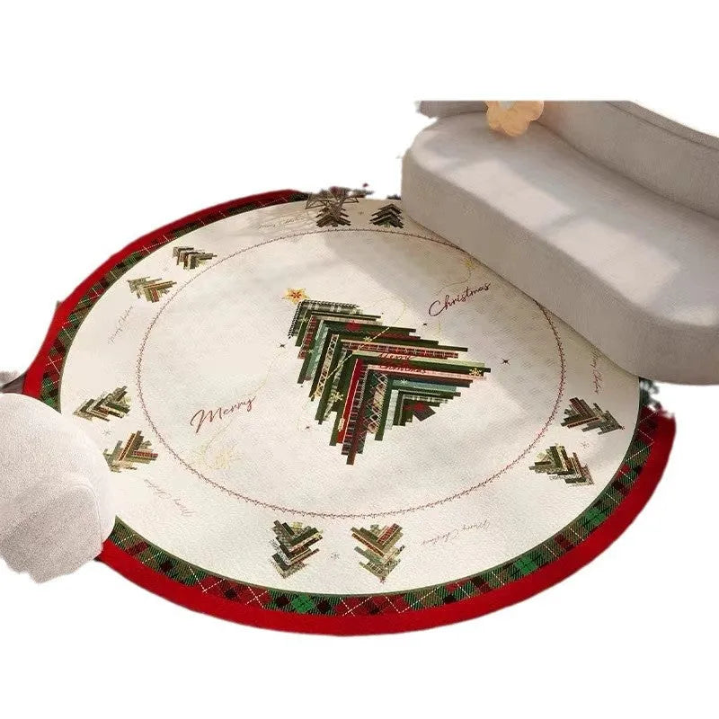 Red Christmas round floor mat with festive pattern in living room setting