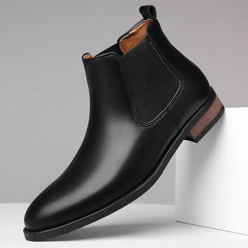 Men's black Chelsea high-top boots with pointed toe, artificial PU upper, and rubber sole