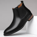 Men's black Chelsea high-top boots with pointed toe, artificial PU upper, and rubber sole