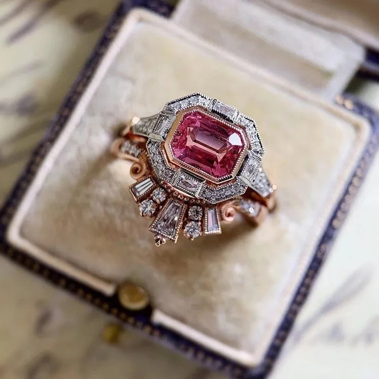 Rose gold geometric retro-style women's fashion ring with ruby aesthetic detail
