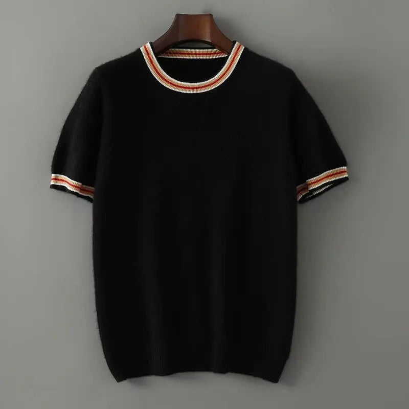 Men's short sleeve wool sweater in round neck pullover style, available in white, grey and black