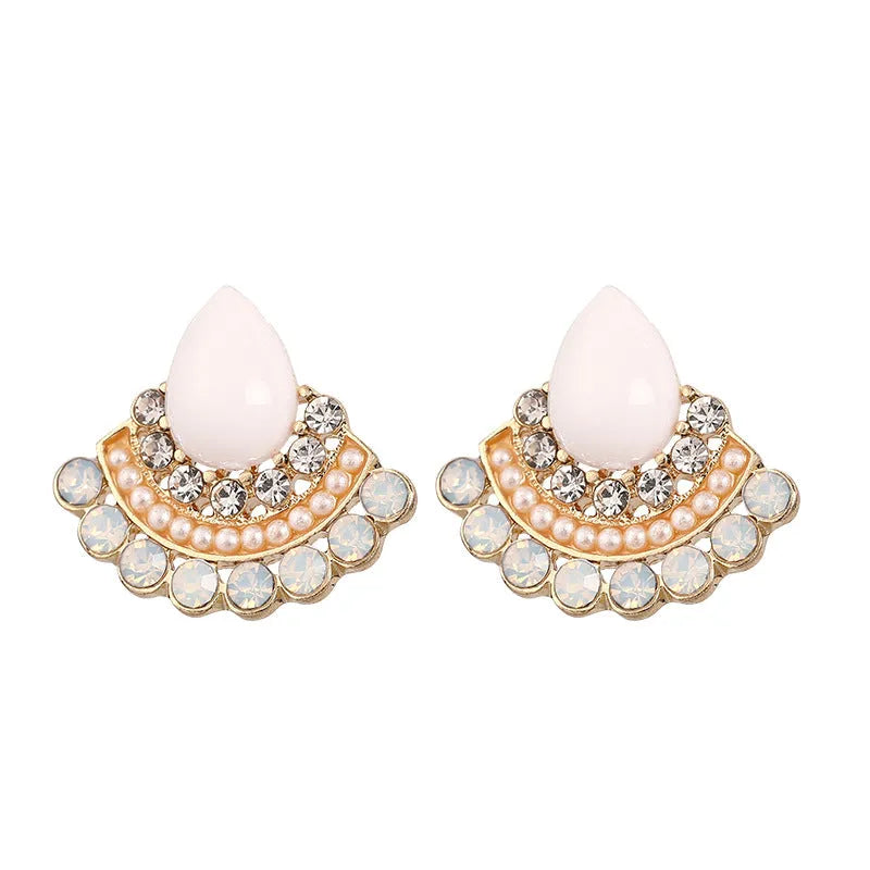 Women's sterling silver retro fan-shaped needle opal rhinestone earrings
