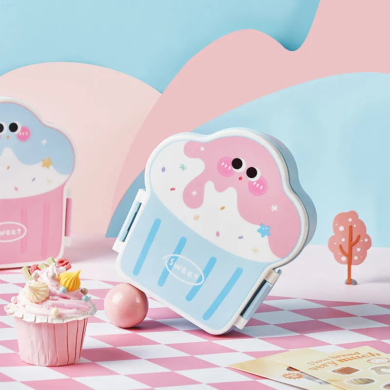 Creative ice cream shaped plastic lunch box with spoon and fork in blue or pink colours