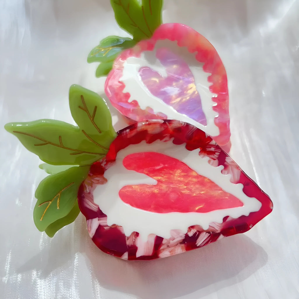 Hand-made red strawberry shaped resin hair clip with green leaf and metal clip for girls.