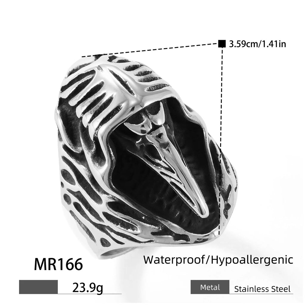 Stainless steel punk ring with a detailed crow animal motif and geometric shape in colour MR166.