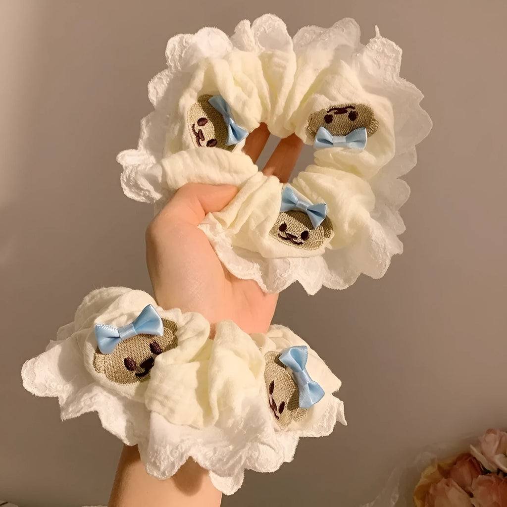Bear blue bowknot lace large intestine hair ring made from high elasticity cloth material