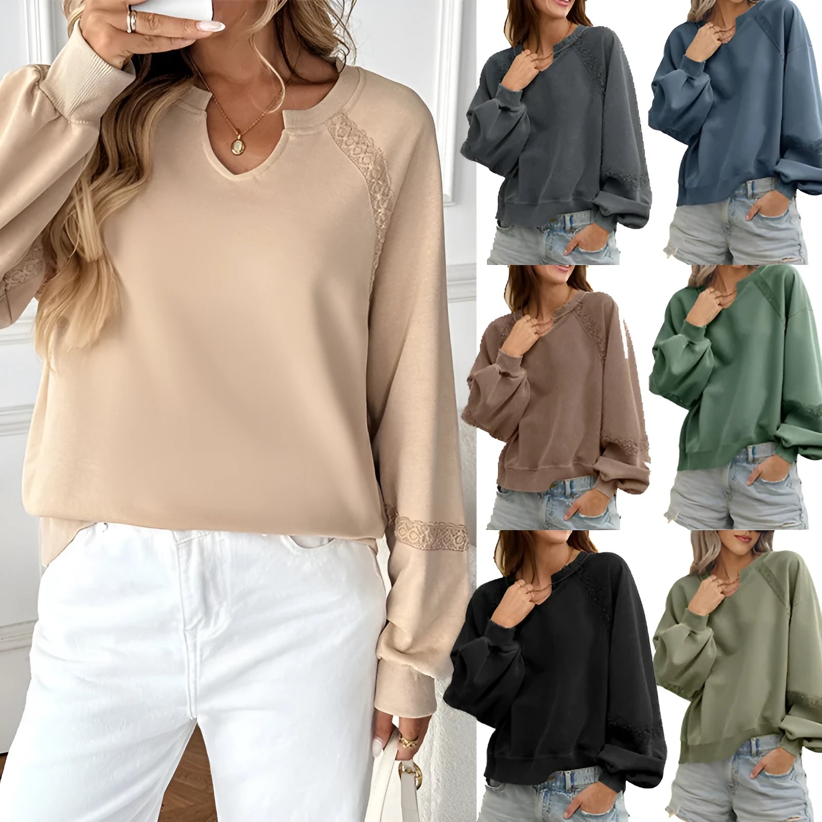 Women's loose long sleeve sweater with half-open lace collar in solid colour options
