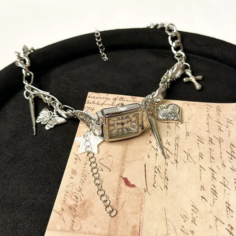 Dark multi-layer women's necklace with cross pendant and twin adjustable clavicle chains
