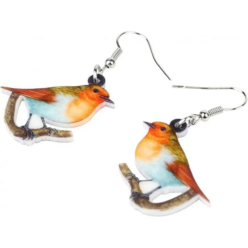 Acrylic blue titmouse pendant earrings with geometric animal zodiac design and printed snake pattern