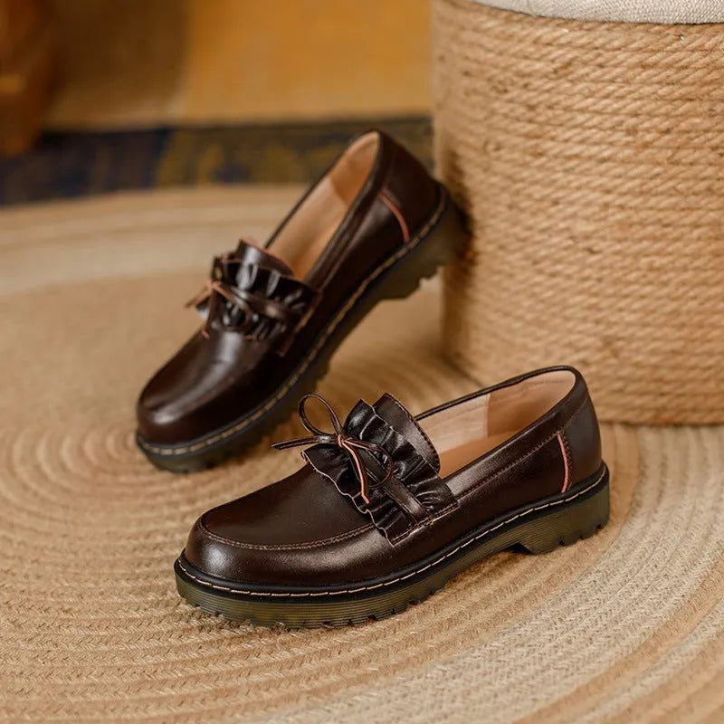 British style women's leather shoes with round toe and chunky flat heel in black or brown