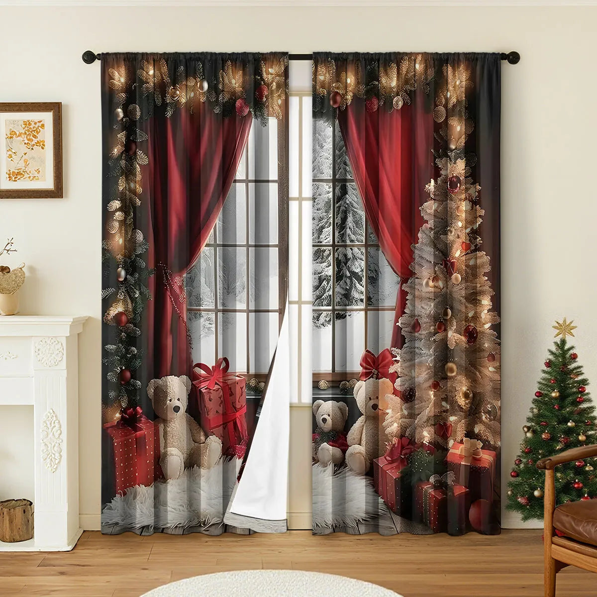 A pair of 3D digitally printed Christmas curtains with a festive European pattern hung on a window.