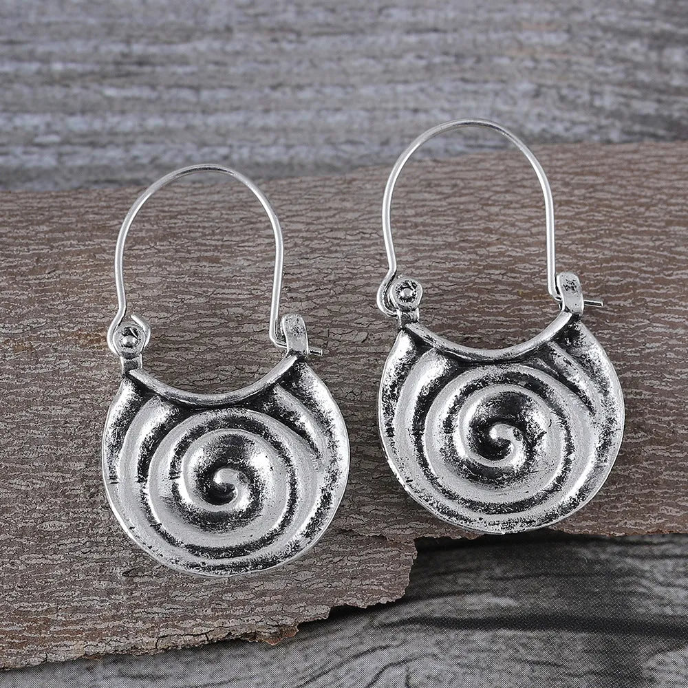 Simple geometric gypsy curved drop earrings in ancient silver zinc alloy, front view