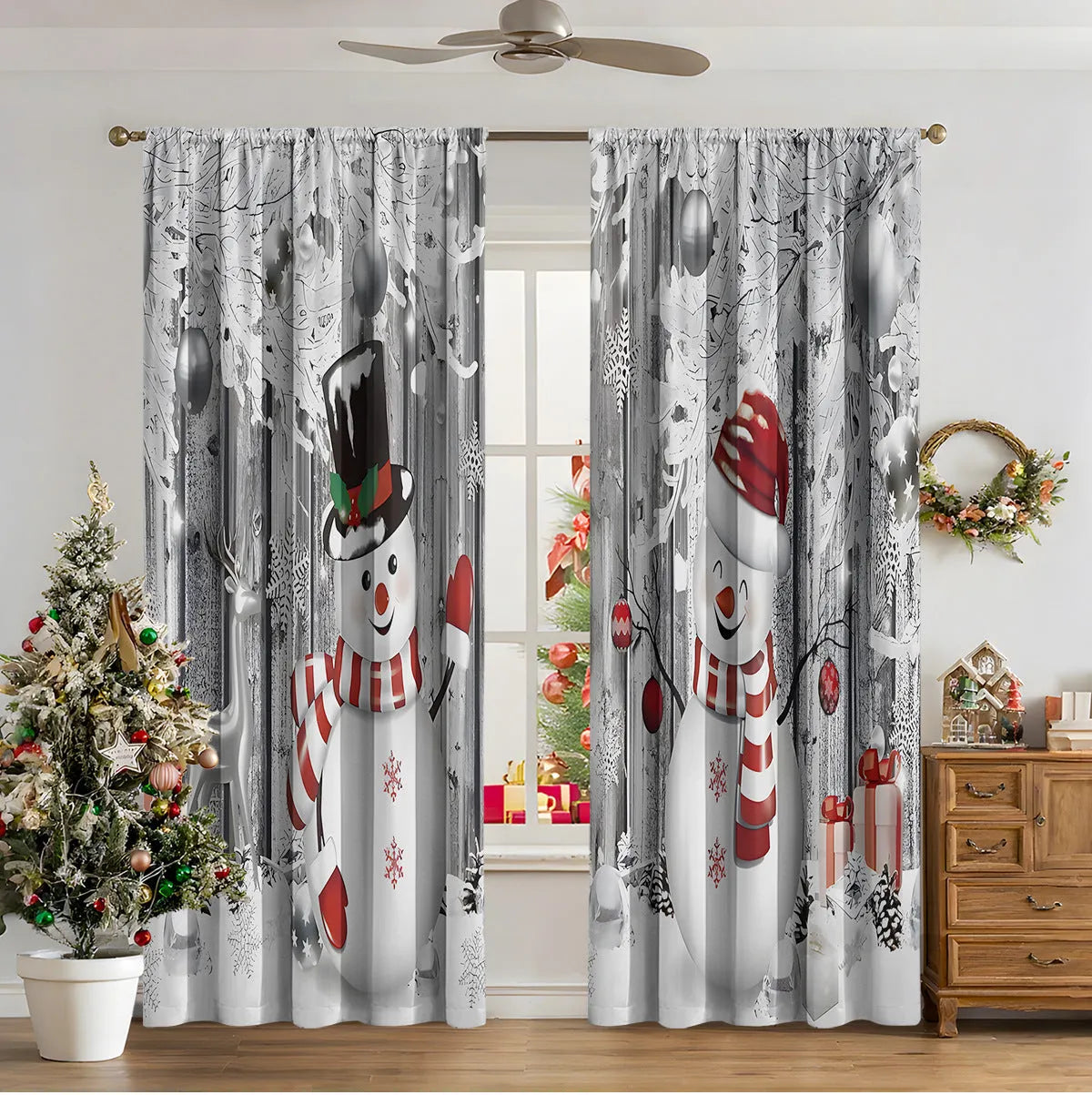3D digitally printed Christmas curtain panel showing a modern European festive design, made from polyester fabric.