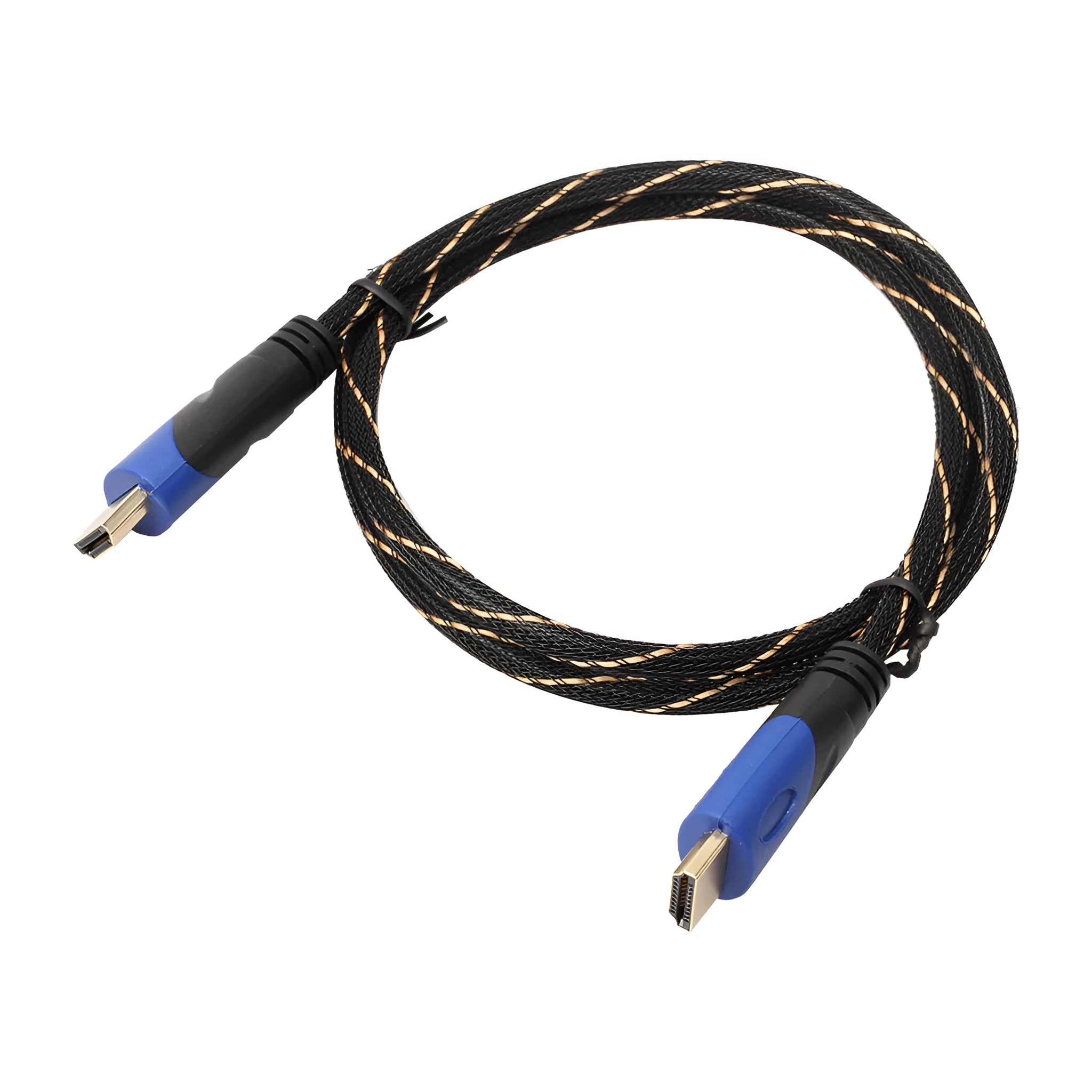 Black and gold male to male video cable with blue black head net and aluminium alloy core in multiple lengths