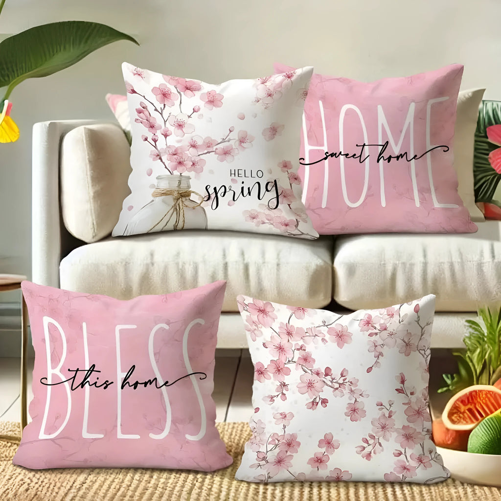 Square short velvet cushion cover with cherry blossom and letter print, 45cm size.
