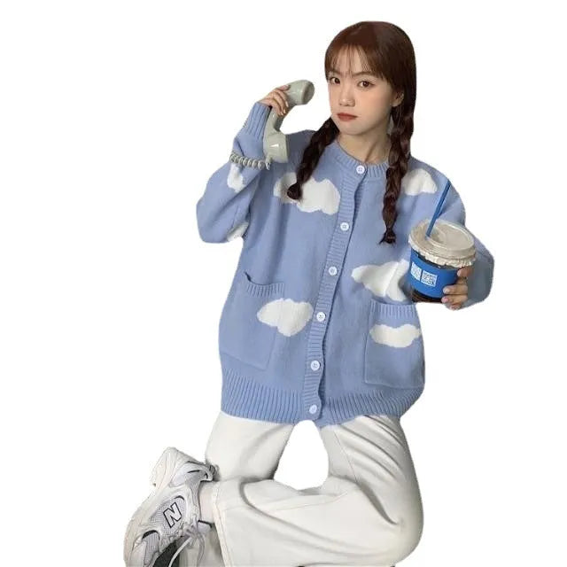 Blue cloud pattern women's spandex cardigan sweater coat, loose fit, shown open.