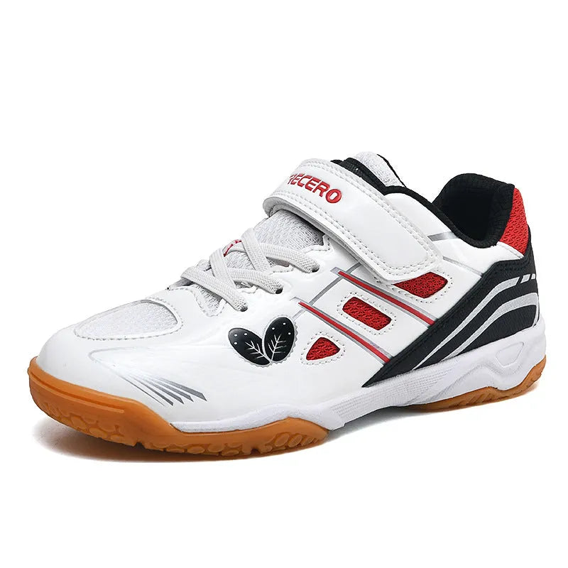 White and blue casual badminton shoes with low-top PVC upper and ribbed non-slip sole