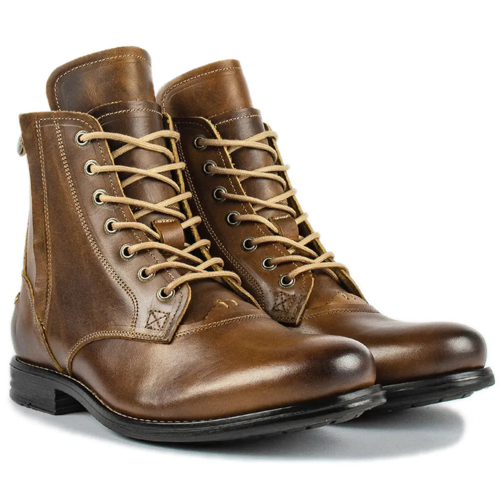 Men's black and brown Knight Series leather boots with side zip and low heel